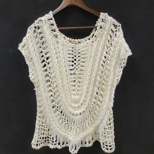Open Knit Festival Hippie Boho Overlay Crochet Top Size L/XL White Scoop Neck